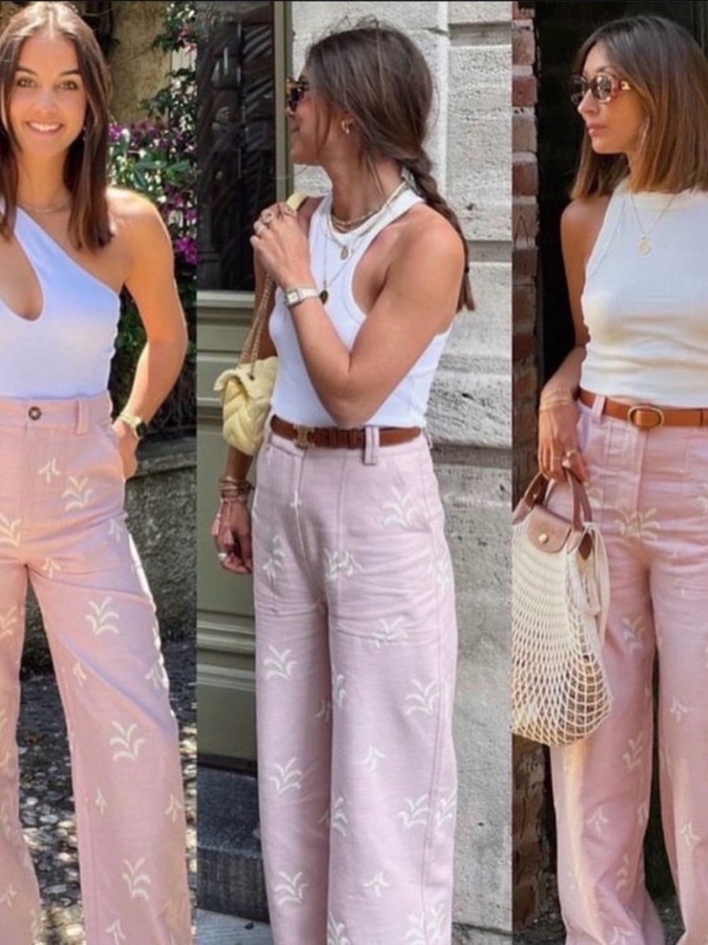 Zara Pale Pink Embroidered Wide-Leg Cropped Pants